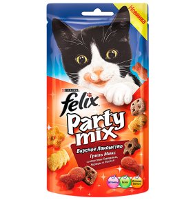 Лакомство для кошек Party Mix Гриль микс cо вкусами говядины курицы и лосося Felix 60 гр