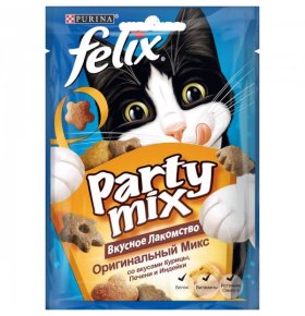 Лакомство для кошек Party Mix Оригинальный микс со вкусом курицы печени и индейки Felix 60 гр