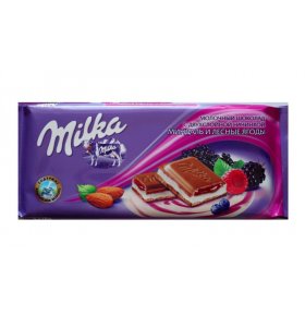 Шоколад молочный с 2-хслойной начинкой: миндальная и лесные ягоды Milka 90 гр