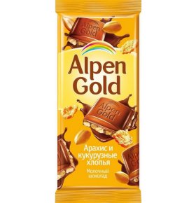 Шоколад Молочный с арахисом и кукурузными хлопьями Alpen gold 90 гр