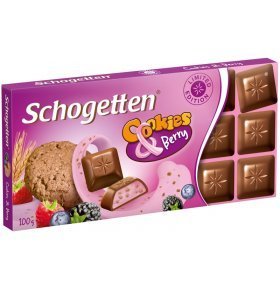 Молочный шоколад Schogetten с ягодно-йогуртовой начинкой и кусочками печенья,100г