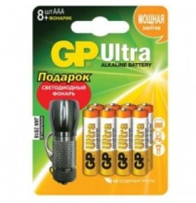 Батарейки GP Ultra ААА 24AU 8 шт + фонарик