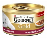 Корм для кошек Gold С курицей и печенью кусочки в подливке консервы Gourmet 85 гр