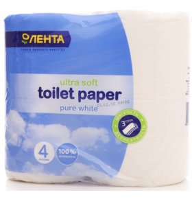 Туалетная бумага Белая 3-слойная Лента 4 рулона