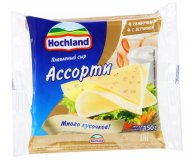 Сыр плавленый Ассорти сливочный и ветчина 45% ломтики Hochland 150 гр