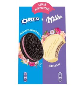 Печенье с какао и начинкой со вкусом клубники и вафли с начинкой какао покрытые белым шоколадом Milka Oreo 174 гр
