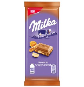 Шоколад молочный с арахисом, кусочками хрустящей карамели, рисовыми шариками и кукурузными хлопьями Milka 90 гр