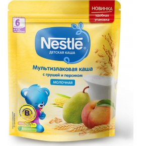 Каша молочная с 6 месяцев Мультизлаковая Груша и персик с бифидобактериями Nestle 220 гр