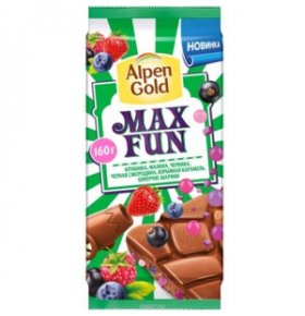 Молочный шоколад Alpen Gold "Max Fun" с фруктово-ягодными кусочками со вкусом клубники, малины, черники, чёрной смородины, с шипучими шариками и взрывной карамелью 160 г