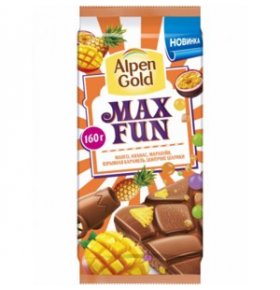 Молочный шоколад Alpen Gold "Max Fun" с фруктовыми кусочками со вкусом Манго, Ананаса, Маракуйи, с шипучими шариками и взрывной карамелью 160 г