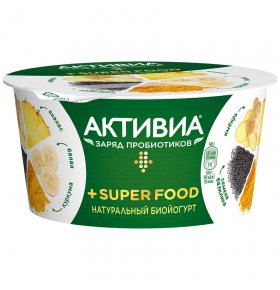 Биойогурт натуральный Super Food Имбирь ананас банан куркума семена базилика 2,2% Активиа 140 гр