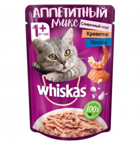 Влажный корм для кошек с креветками и лососем в сливочном соусе Аппетитный микс Whiskas 85 гр