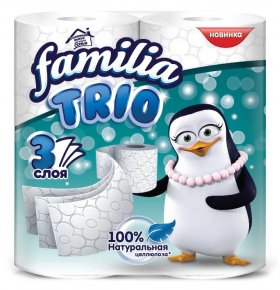 Туалетная бумага Trio белая трехслойная Familia 8 рул