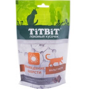 Хрустящие подушечки для кошек с говядиной для выведения шерсти TitBit 60 гр