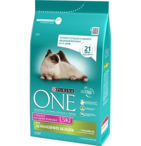 Корм для взрослых кошек С индейкой цельными злаками живущих в домашних условиях Purina one 1,5 кг